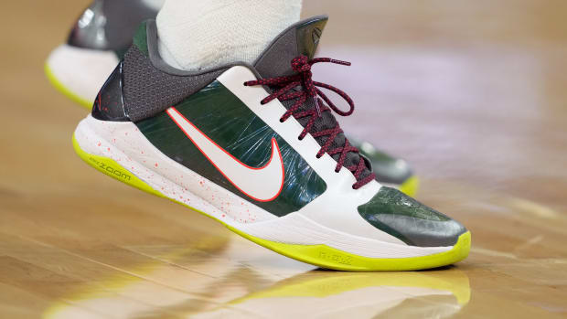Milwaukee Bucks forward Khris Middleton wears the Nike Kobe 5 Protro sneakers against the Golden State Warriors on March 12, 2022.
